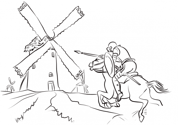 Don Quixote Tilting at Windmills coloring page image