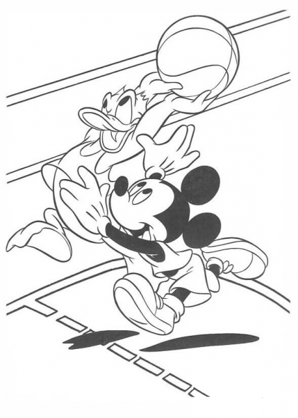 Donald and Mickey are playing baskteball coloring page image