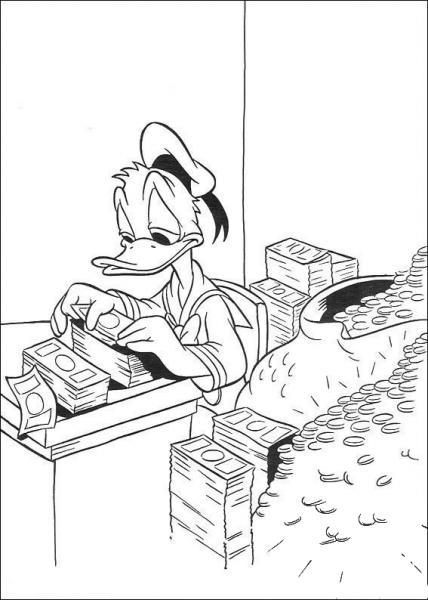 Donald Duck is Counting Money  coloring page image
