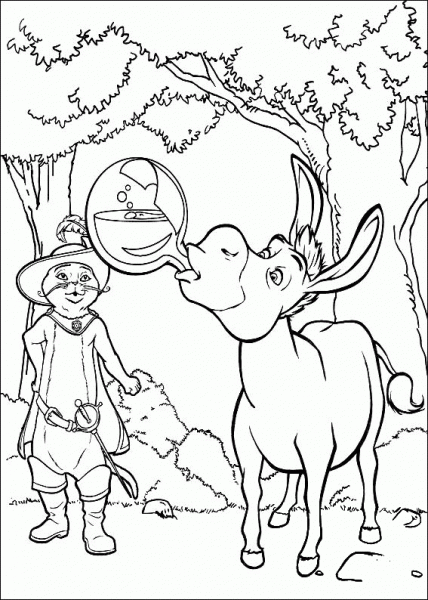 Donkey is drinking the potion  coloring page image