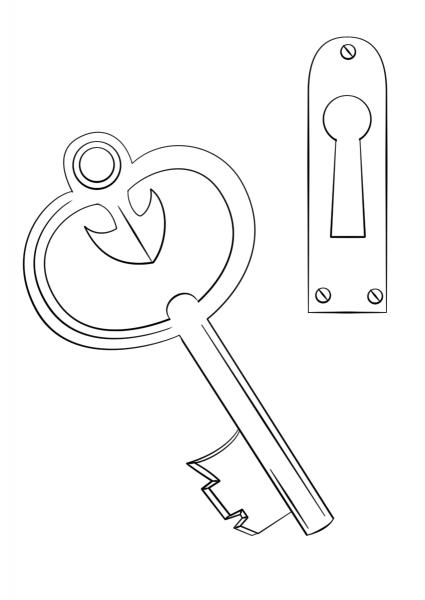 Door Key and Keyhole coloring page image