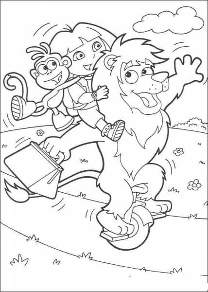 Dora and Boots are travelling With Circus Lion  coloring page image