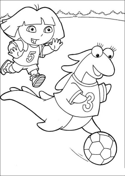 Dora and Isa playing soccer coloring page image