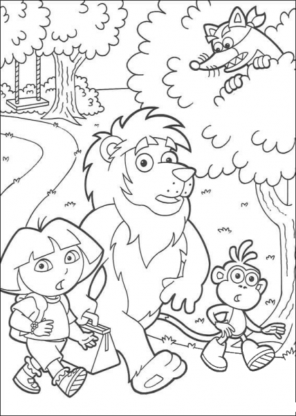 Dora Marquez, Monkey Boots, Lion and Swiper coloring page image