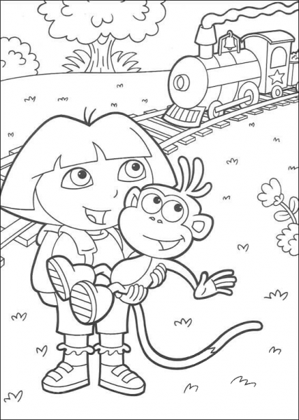 Dora will Travel With Boots on train coloring page image