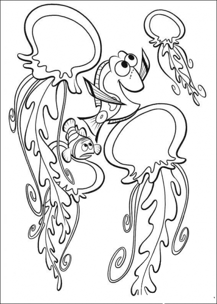 Dory is playing with dangerous Jellyfish  coloring page image