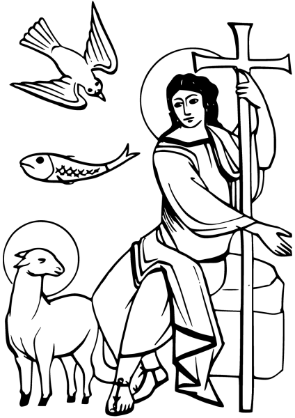 Dove, Ichthus, Lamb of God, and Angel coloring page image
