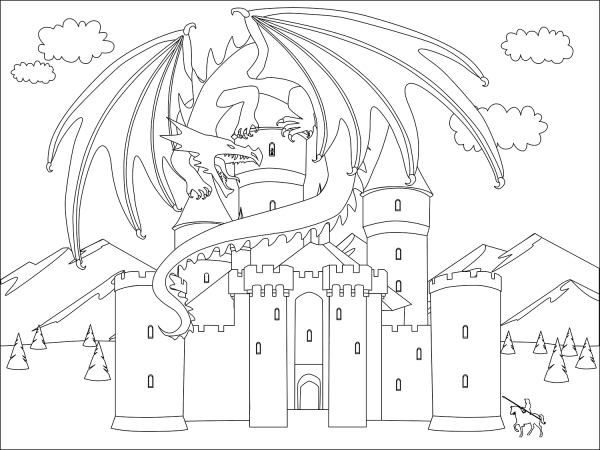 Dragon and Castle coloring page image