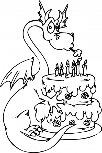 Dragon with Happy Birthday Cake coloring page image