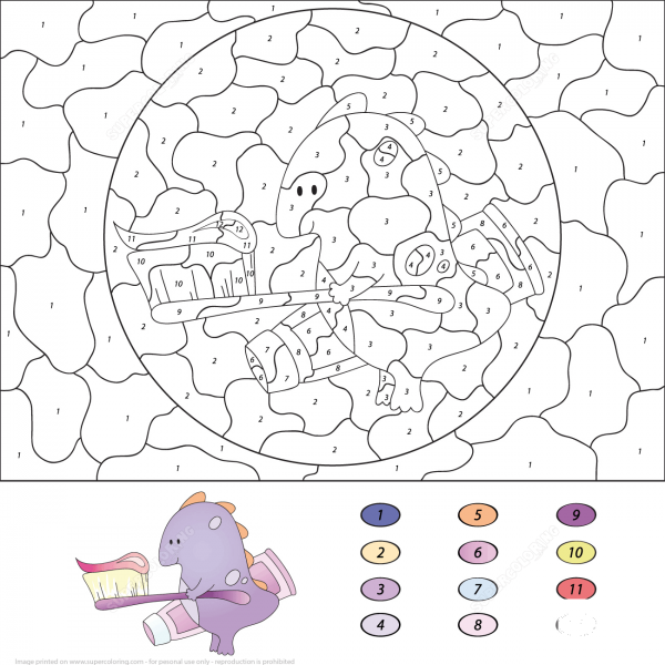 Dragon with Toothbrush and Toothpase Color by Number image