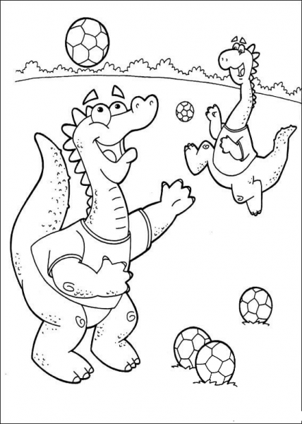 Dragons are playing soccer  coloring page image