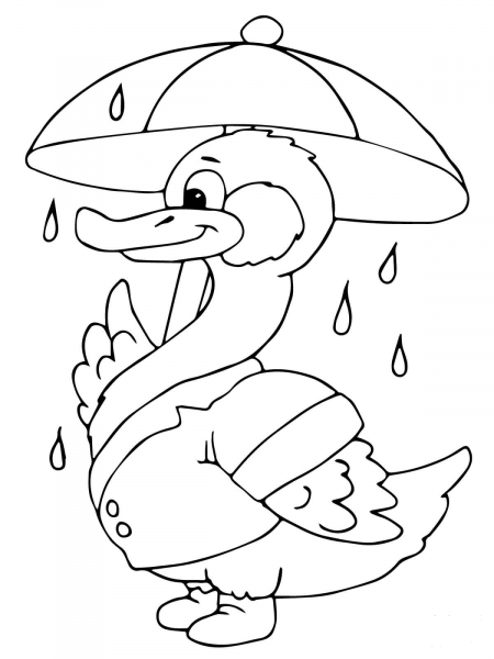 Duck with Umbrella Under the Rain coloring page image