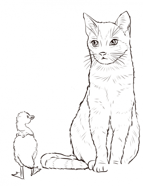 Duckling and Tom Cat from Old Woman’s Cottage coloring page image