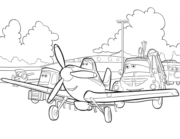 Dusty, Chug and Gang coloring page image