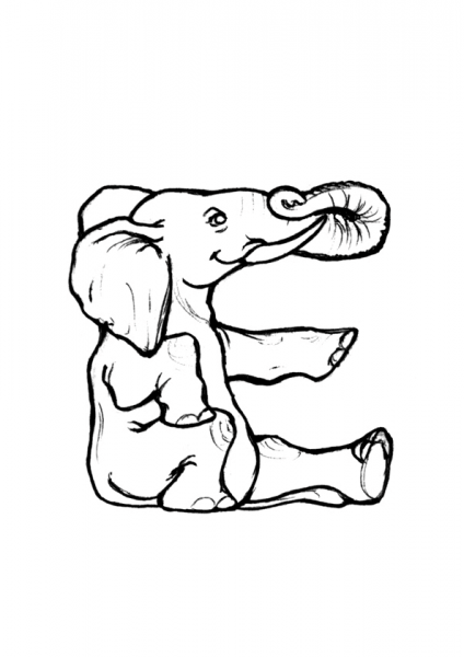 E is for Elephant coloring page image