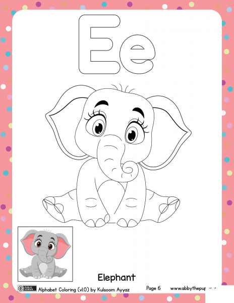 E is for Elephant coloring page image