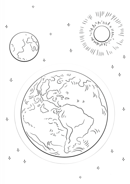 Earth, Moon and Sun coloring page image