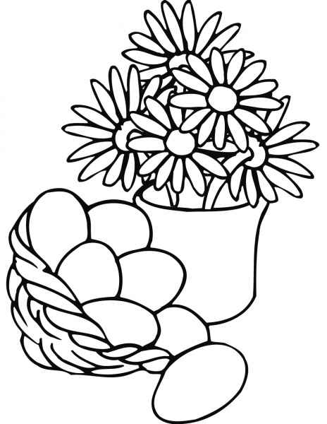 Easter Basket and Vase with Flowers coloring page image