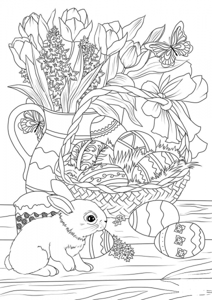 Easter Basket Decorated with Eggs, Flowers, Bunny and Pastry coloring page image