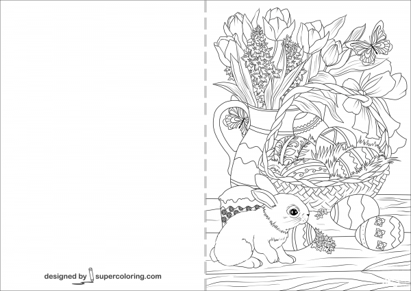 Easter Basket Decorated with Flowers Eggs Pastry and Bunny Card coloring page image