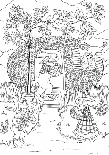 Easter Bunnies are Visiting Gnome’s House to Celebrate Easter coloring page image