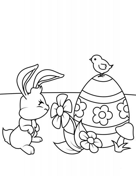 Easter Bunny Smelling Flower coloring page image