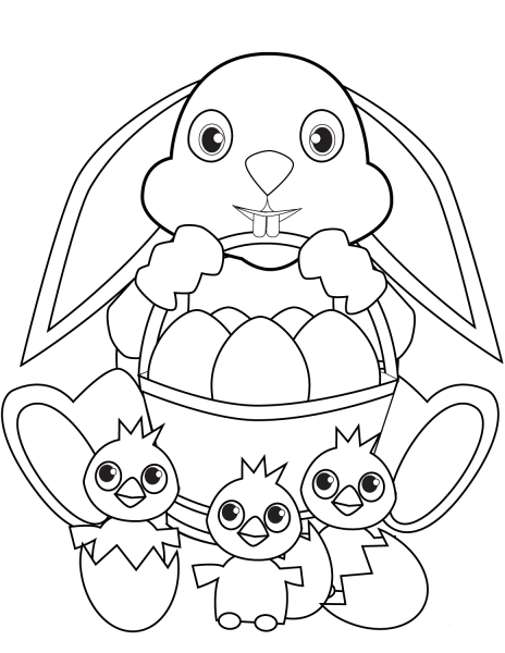 Easter Bunny with Basket and Chicks coloring page image