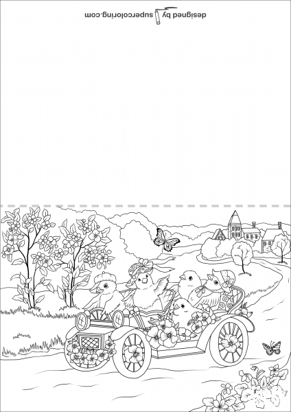 Easter Chickens in the Retro Car are Leaving the Village Card coloring page image
