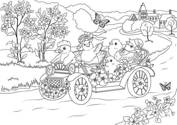 Easter Chickens in the Retro Car are Leaving the Village coloring page image