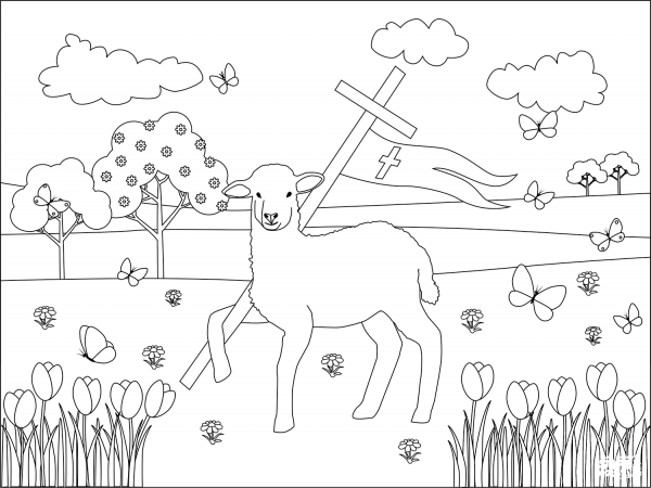 Easter Lambs and Jesus Cross coloring page image
