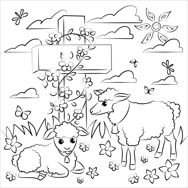 Easter Lambs and Jesus Cross coloring page image