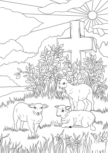 Easter Lambs and Jesus’s Cross coloring page image