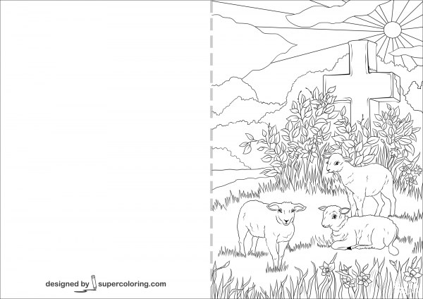 Easter Lambs and Jesuss Cross Card coloring page image