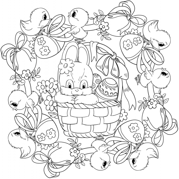 Easter Mandala with a Busket, Rabbit, Chickens and Eggs coloring page image