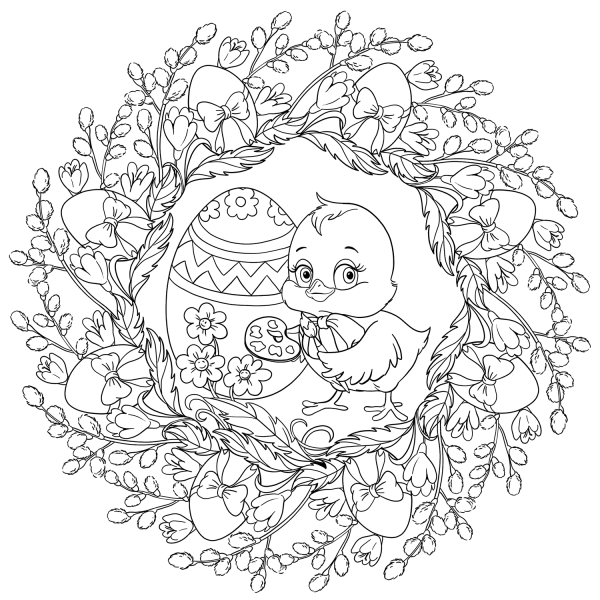 Easter Mandala with a Chicken Painting an Egg coloring page image