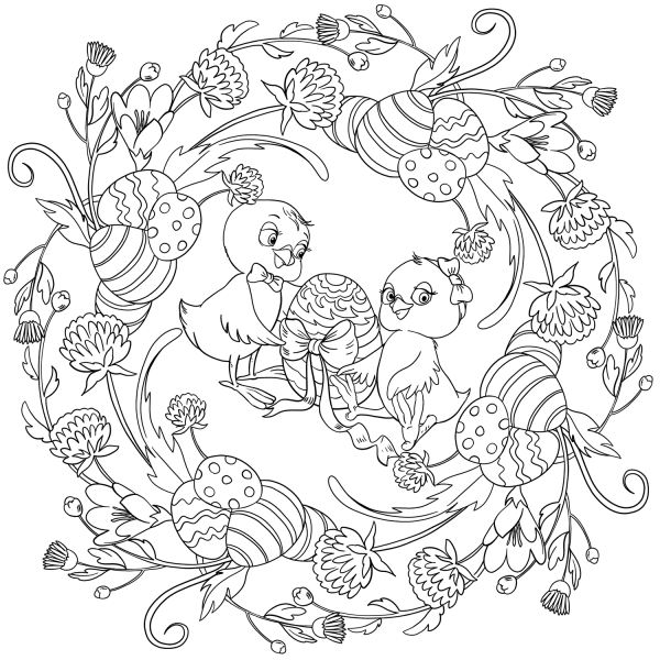 Easter Mandala with Chickens and Eggs coloring page image