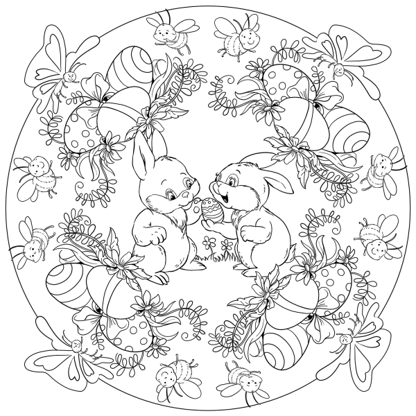 Easter Mandala with Two Rabbits and Eggs coloring page image