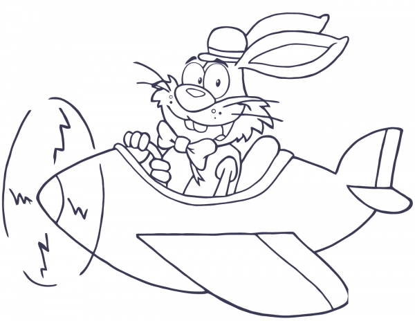 Easter Rabbit Flying with Plane coloring page image