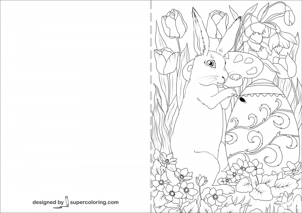 Easter Rabbit is Decorating An Egg Card coloring page image