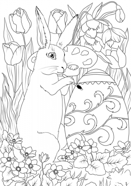 Easter Rabbit is Decorating An Egg coloring page image
