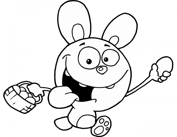Easter Rabbit Running and Holding up An Egg and Carrying a Basket coloring page image