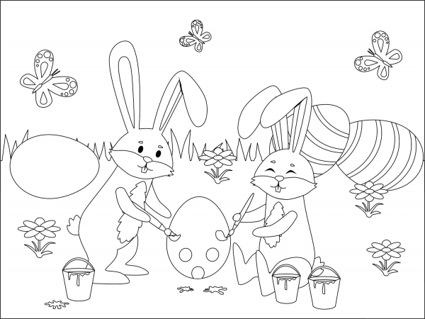 Easter Rabbits Painting Eggs coloring page image