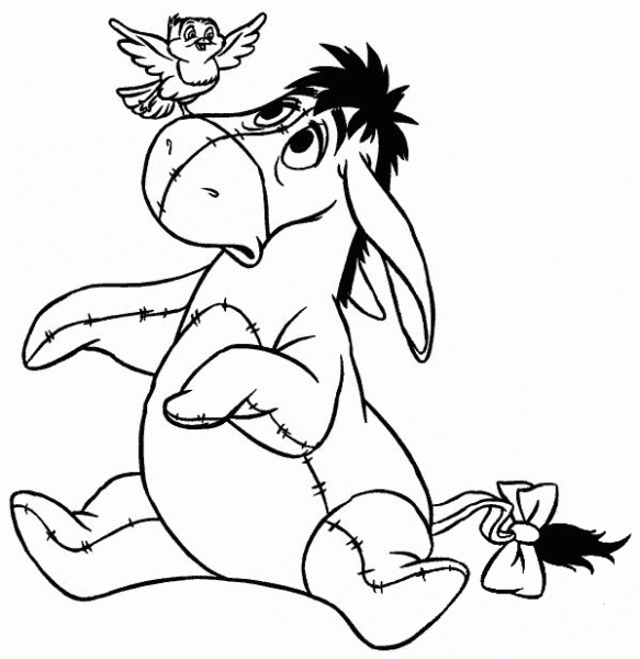 Eeyore And a Bird on His Nose coloring page image