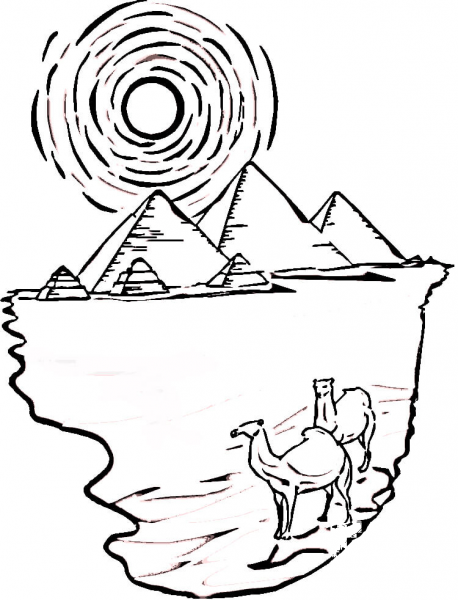 Egyptian pyramids and camels coloring page image