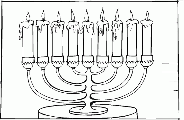 Eight-brached menorah with burning candles coloring page image