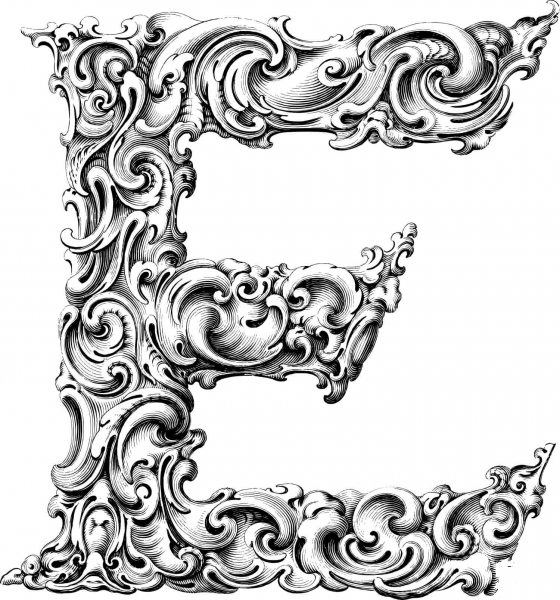 Elegant Flourish Letter E coloring page image
