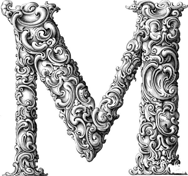 Elegant Flourish Letter M coloring page image