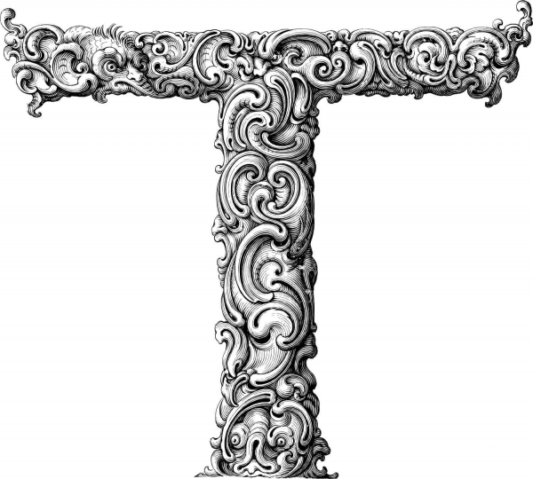 Elegant Flourish Letter T coloring page image