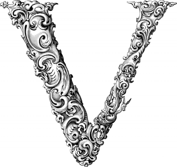 Elegant Flourish Letter V coloring page image