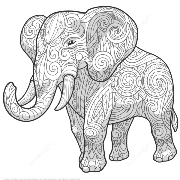Elephant Ethnic Zentangle coloring page image